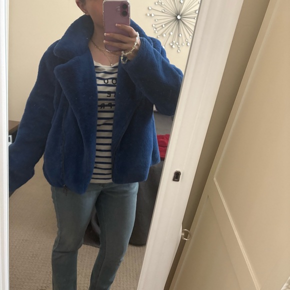 Rebecca Minkoff Cobalt Blue Henderson Faux Fur Moto Jacket Coat - Picture 9 of 10